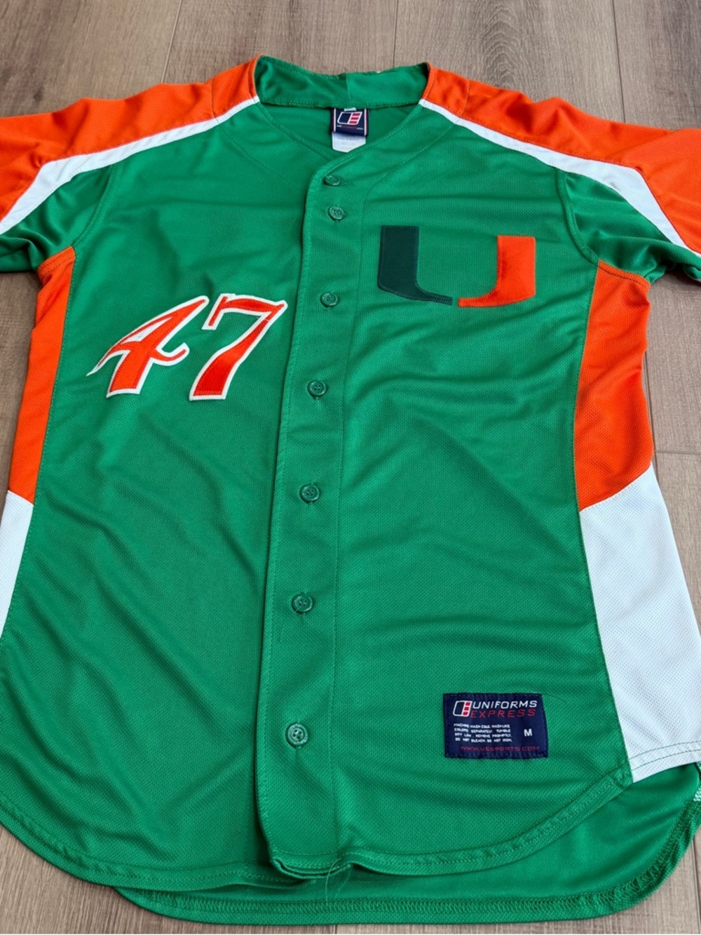 Uniforms Express Baseball Jersey Uni Miami Hurricanes Size M Green Orange #47 - Picture 1 of 13